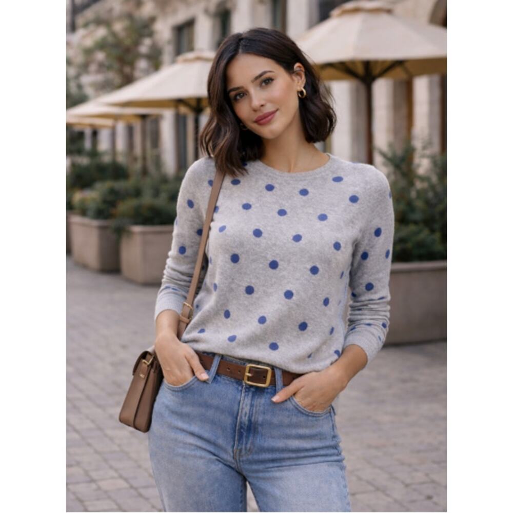 Rachel Zoe 2-Ply Cashmere Sweater Small Gray w Blue Polka Dots Soft Pullover